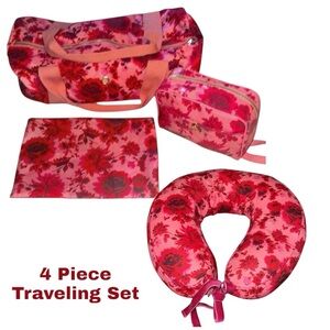🌹BANDO 4 Piece FLORAL DUFFEL,MAKEUP BAG, ZIP BAG & NECK REST SET